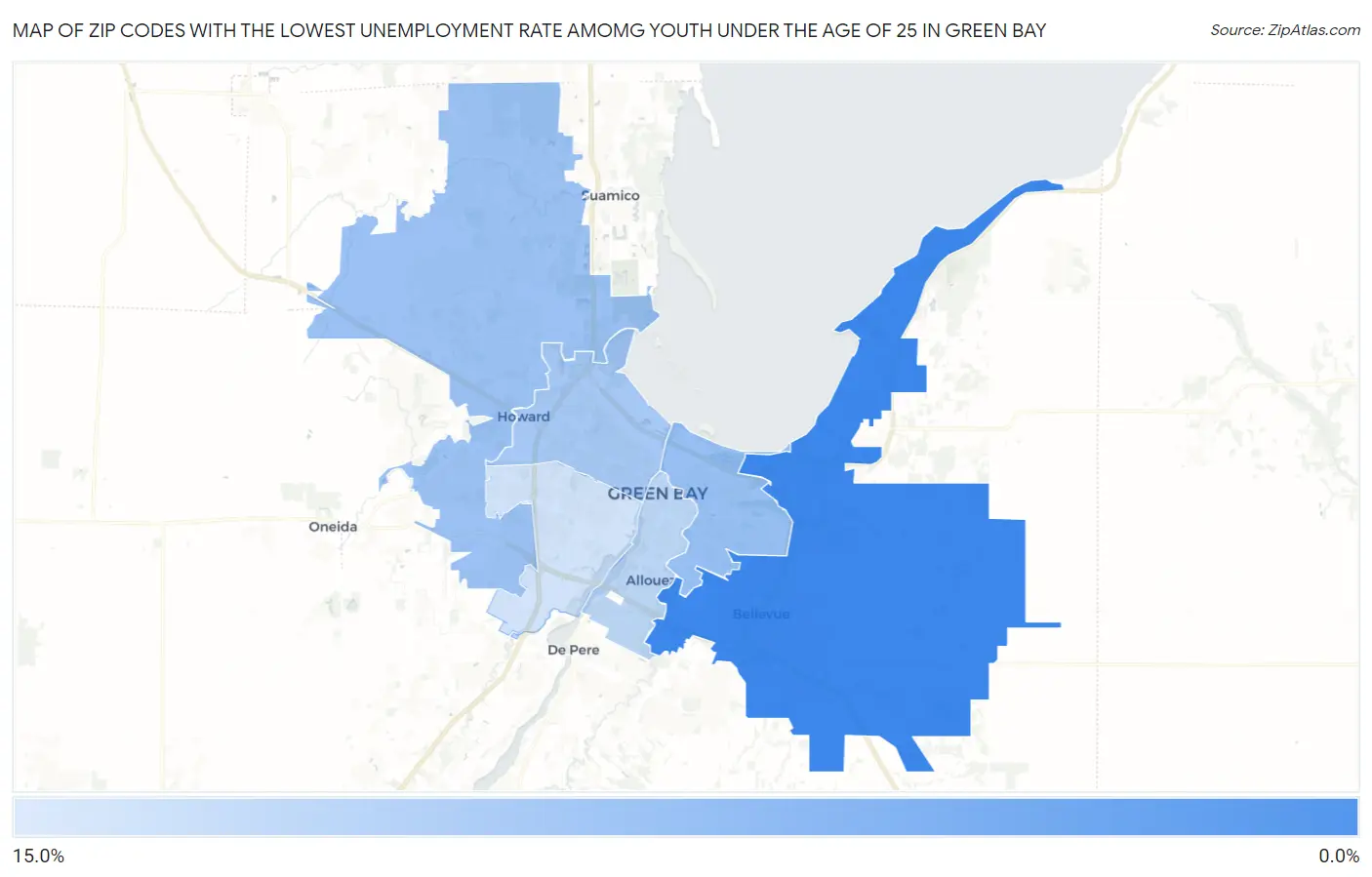 Zip Codes with the Lowest Unemployment Rate Amomg Youth Under the Age of 25 in Green Bay Map