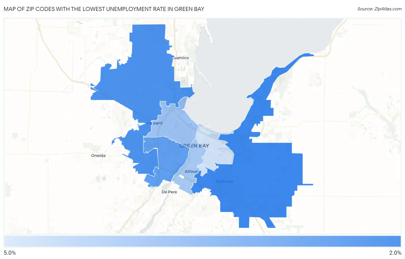 Zip Codes with the Lowest Unemployment Rate in Green Bay Map
