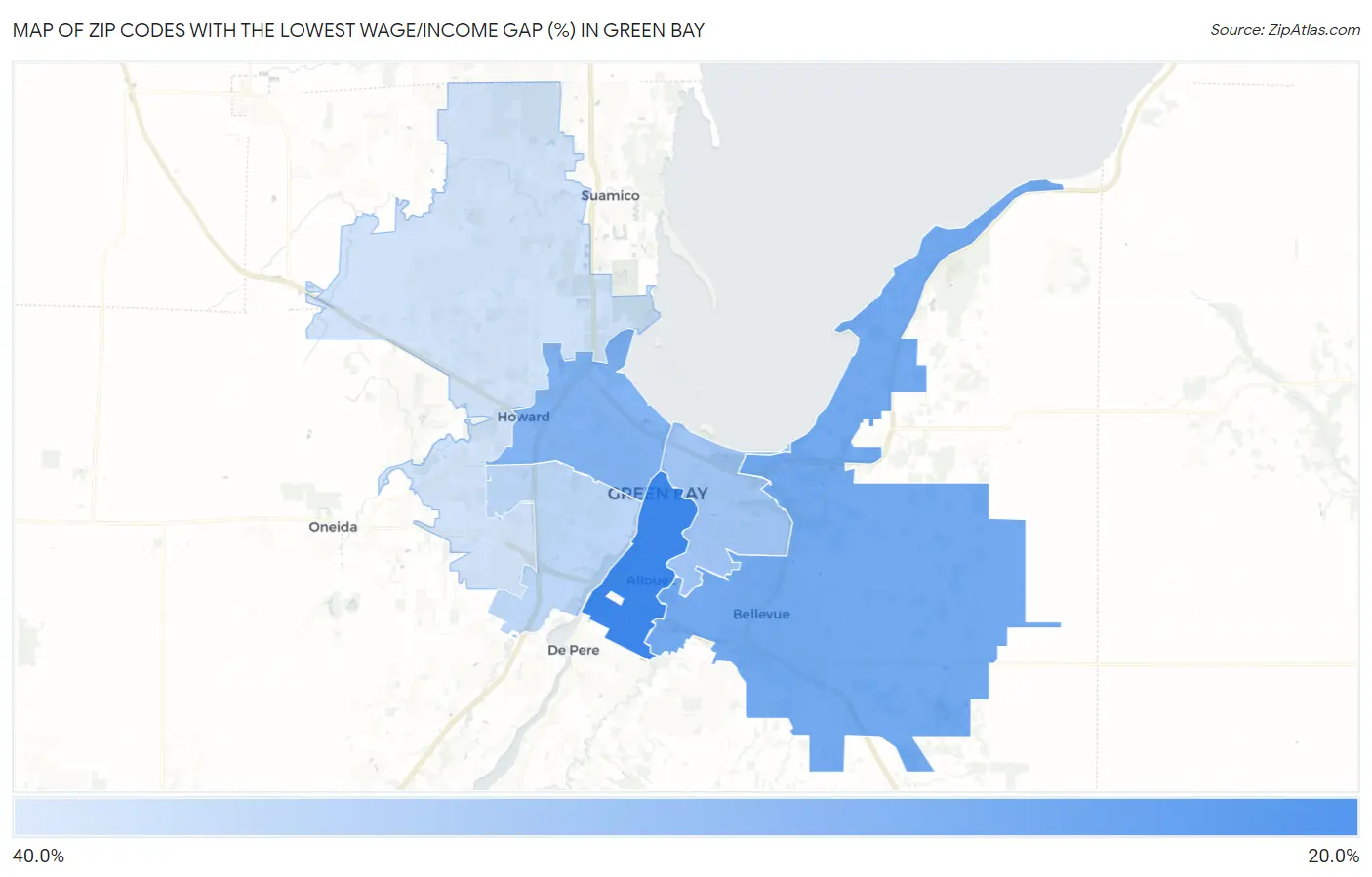 Zip Codes with the Lowest Wage/Income Gap (%) in Green Bay Map