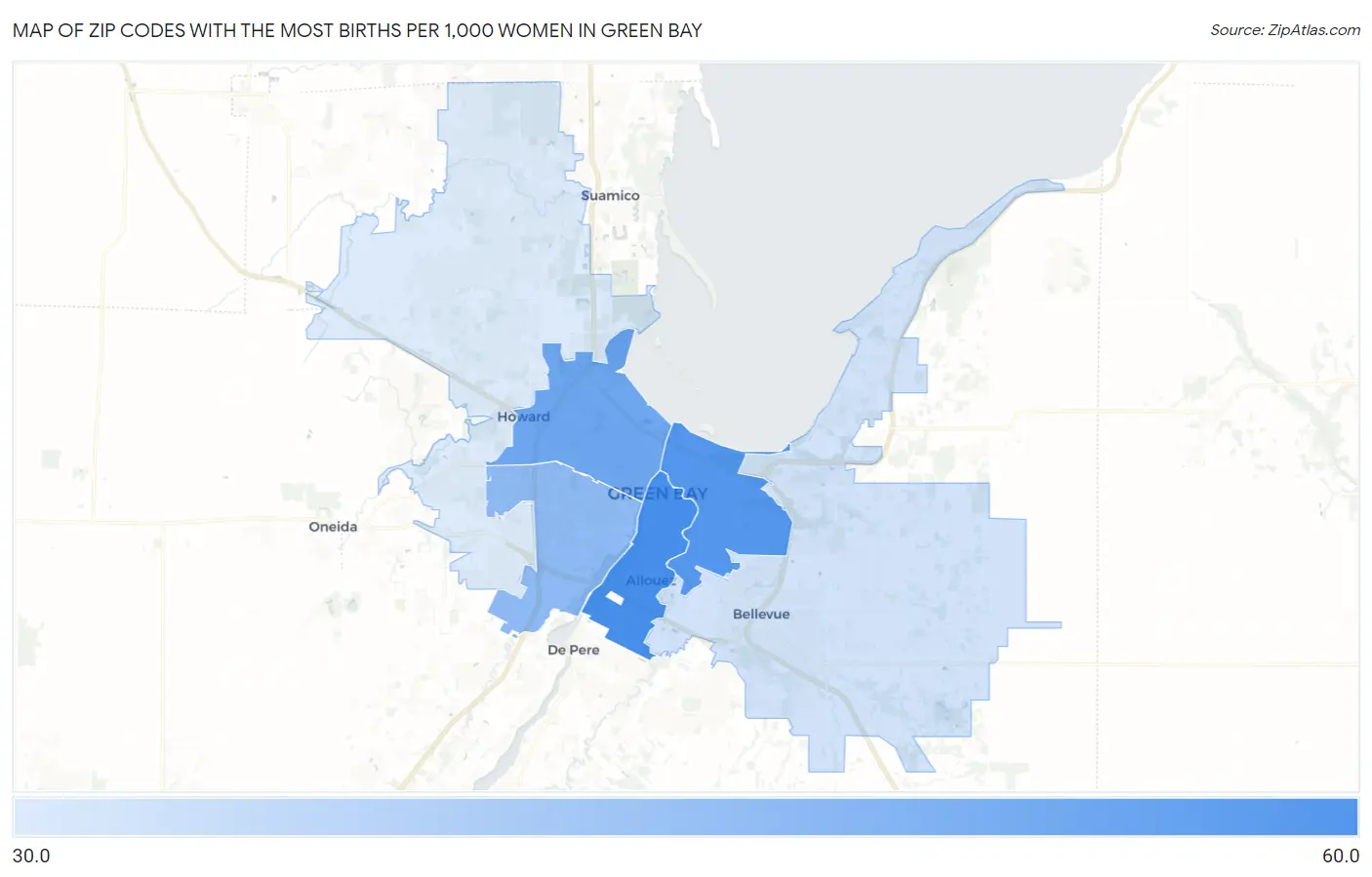 Zip Codes with the Most Births per 1,000 Women in Green Bay Map