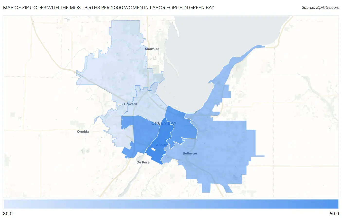 Zip Codes with the Most Births per 1,000 Women in Labor Force in Green Bay Map