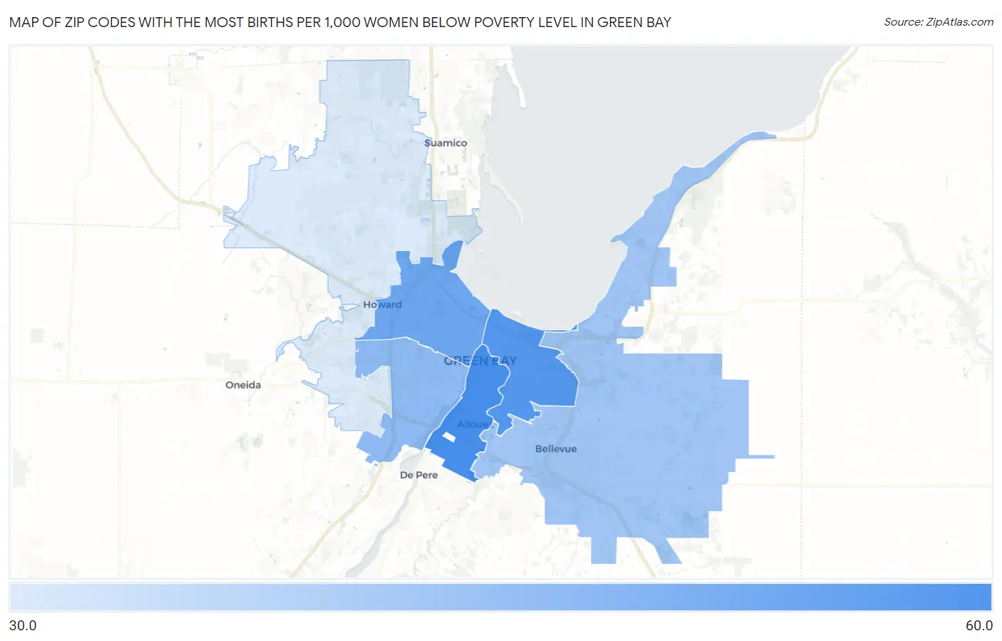 Zip Codes with the Most Births per 1,000 Women Below Poverty Level in Green Bay Map