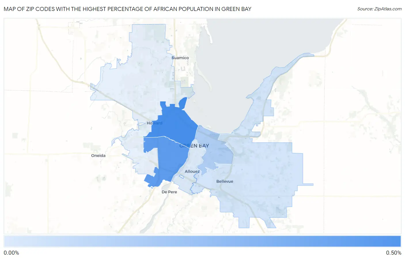 Zip Codes with the Highest Percentage of African Population in Green Bay Map