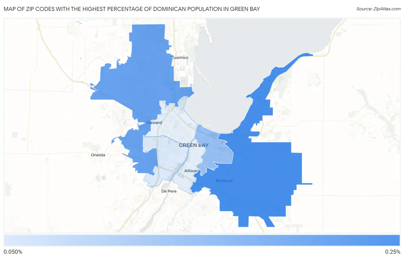 Zip Codes with the Highest Percentage of Dominican Population in Green Bay Map