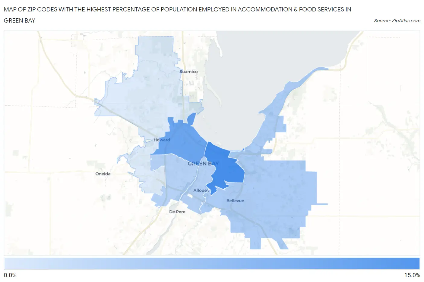 Zip Codes with the Highest Percentage of Population Employed in Accommodation & Food Services in Green Bay Map