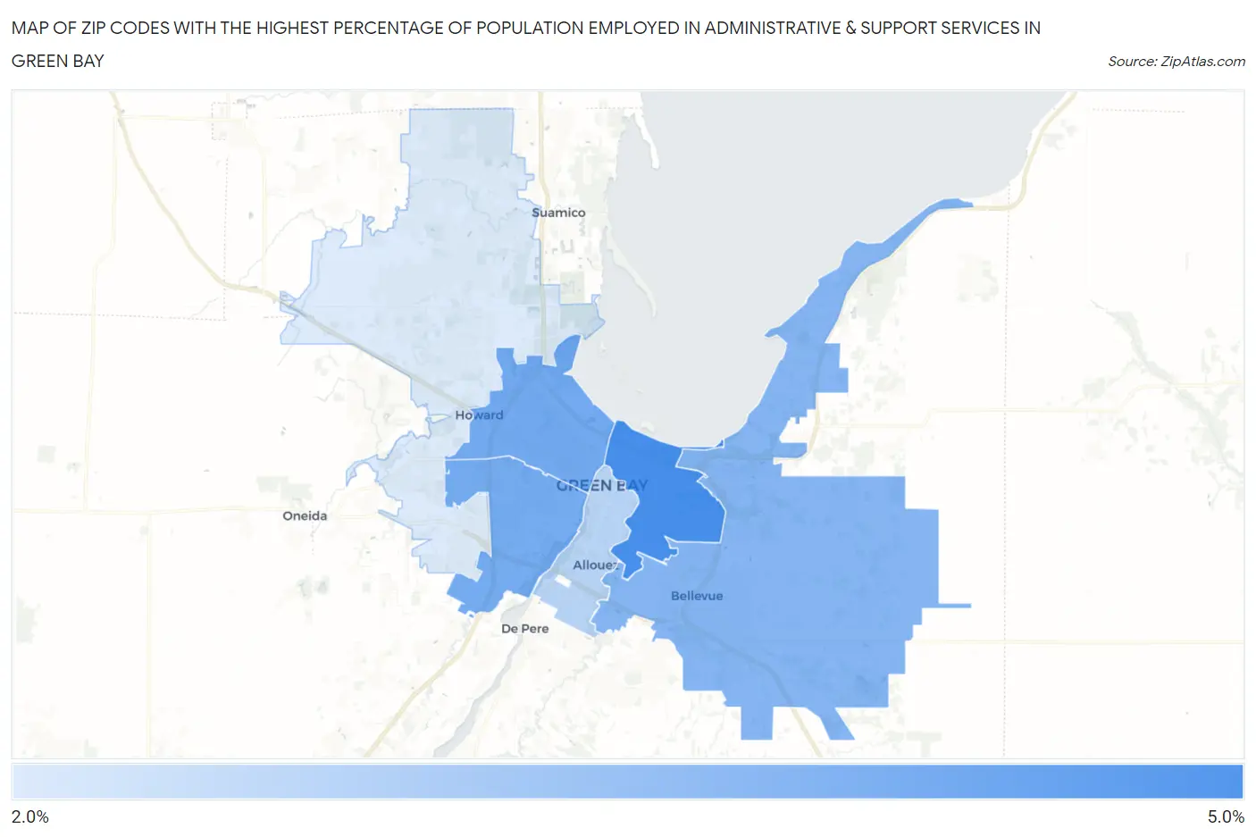 Zip Codes with the Highest Percentage of Population Employed in Administrative & Support Services in Green Bay Map