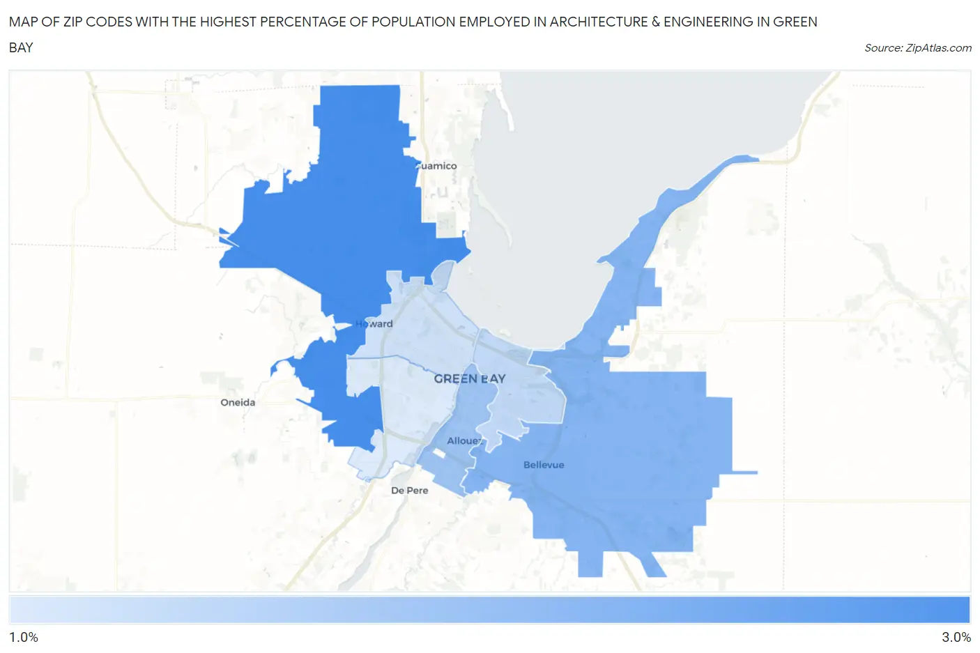 Zip Codes with the Highest Percentage of Population Employed in Architecture & Engineering in Green Bay Map