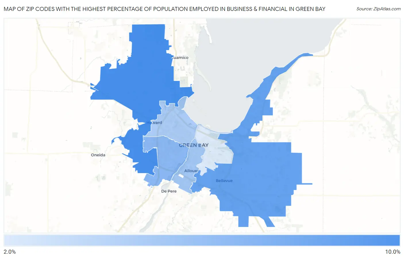 Zip Codes with the Highest Percentage of Population Employed in Business & Financial in Green Bay Map