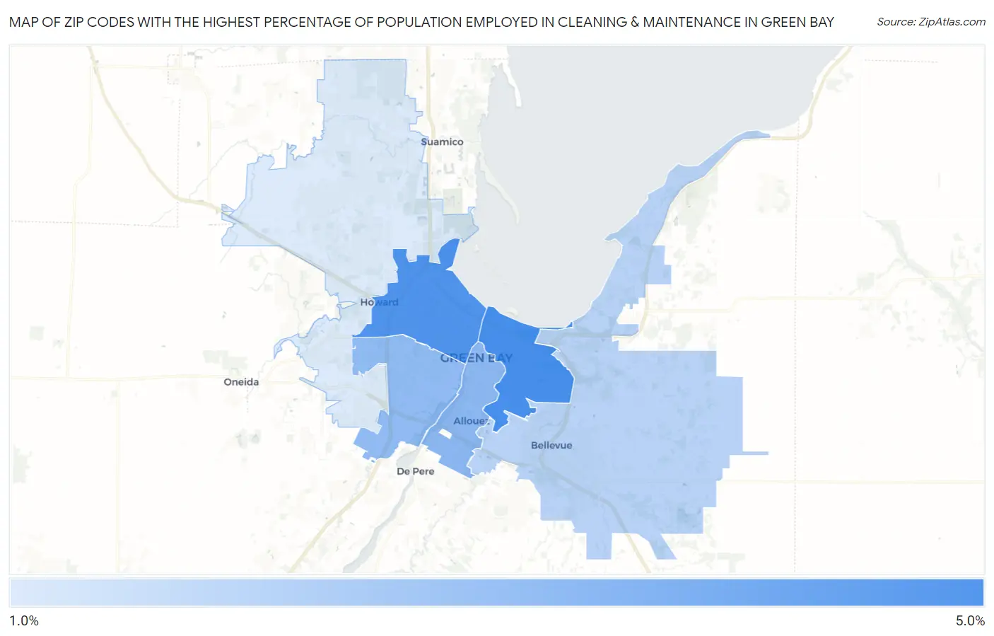 Zip Codes with the Highest Percentage of Population Employed in Cleaning & Maintenance in Green Bay Map