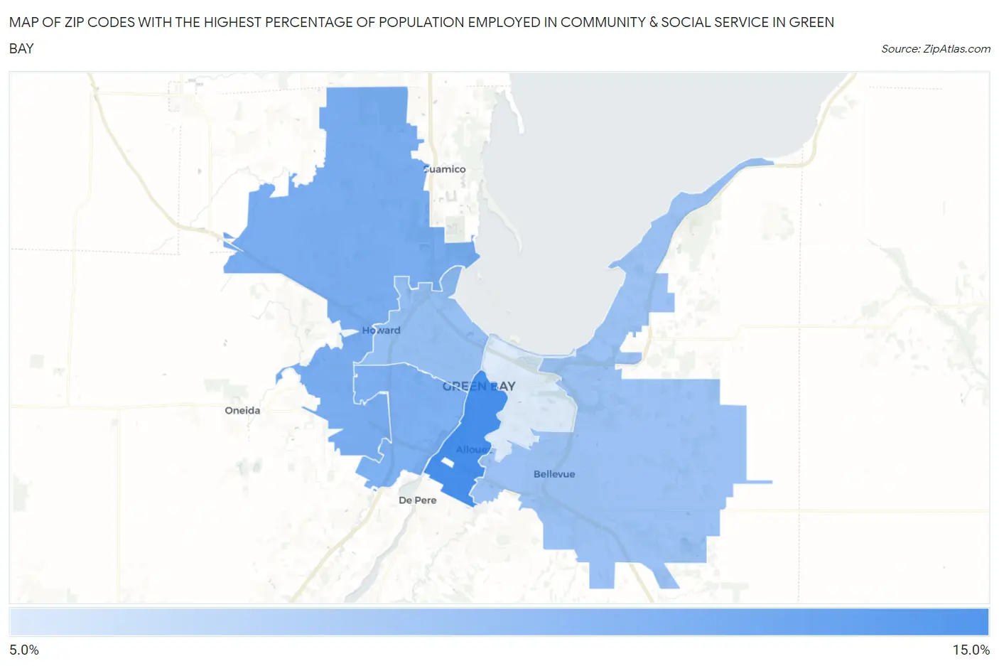 Zip Codes with the Highest Percentage of Population Employed in Community & Social Service  in Green Bay Map