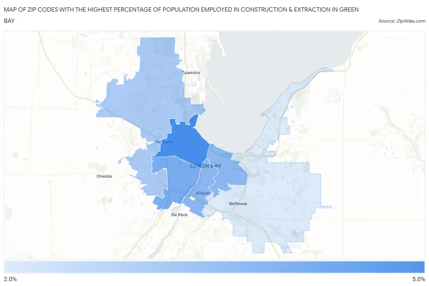 Zip Codes with the Highest Percentage of Population Employed in Construction & Extraction in Green Bay Map