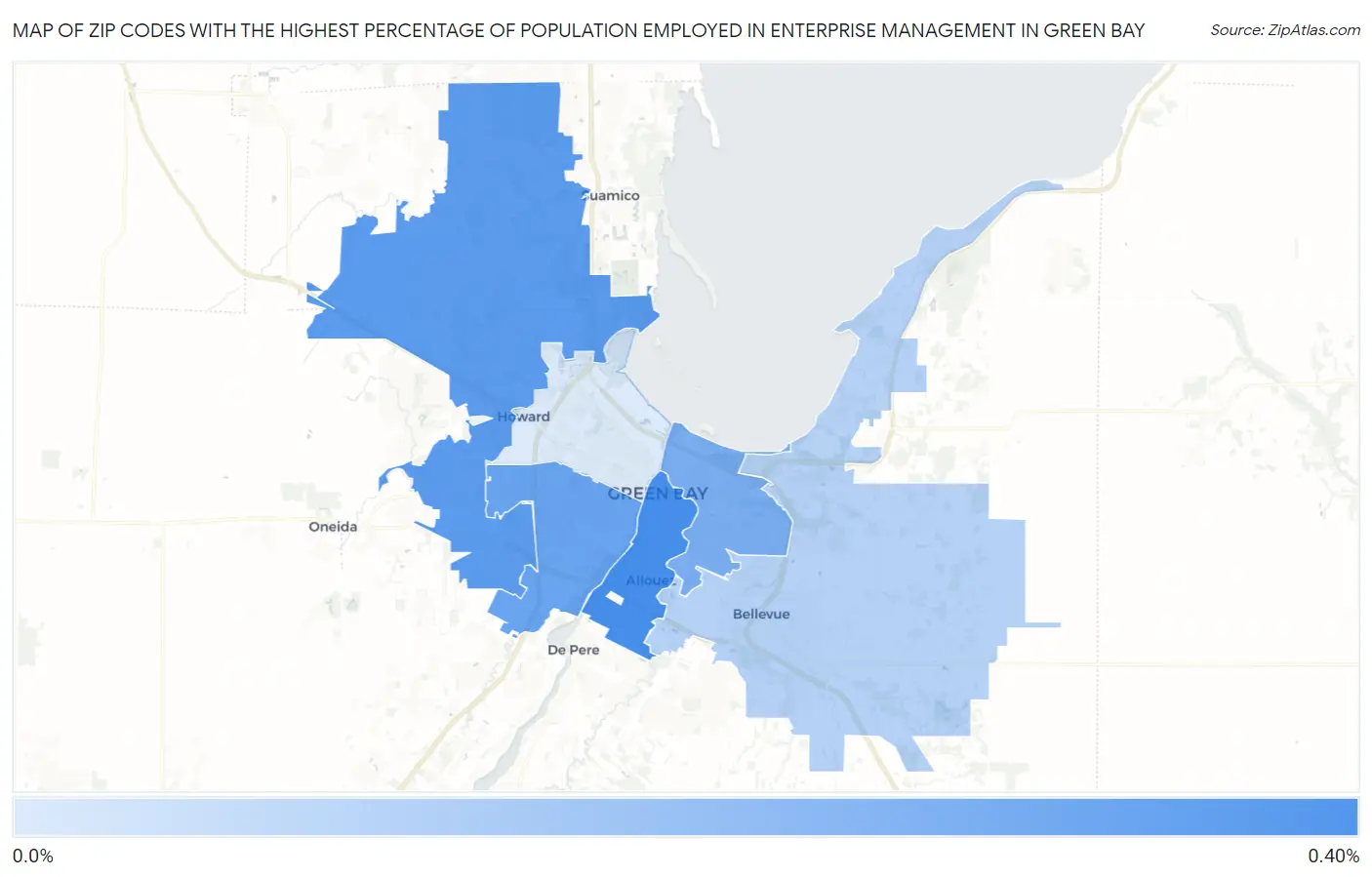 Zip Codes with the Highest Percentage of Population Employed in Enterprise Management in Green Bay Map