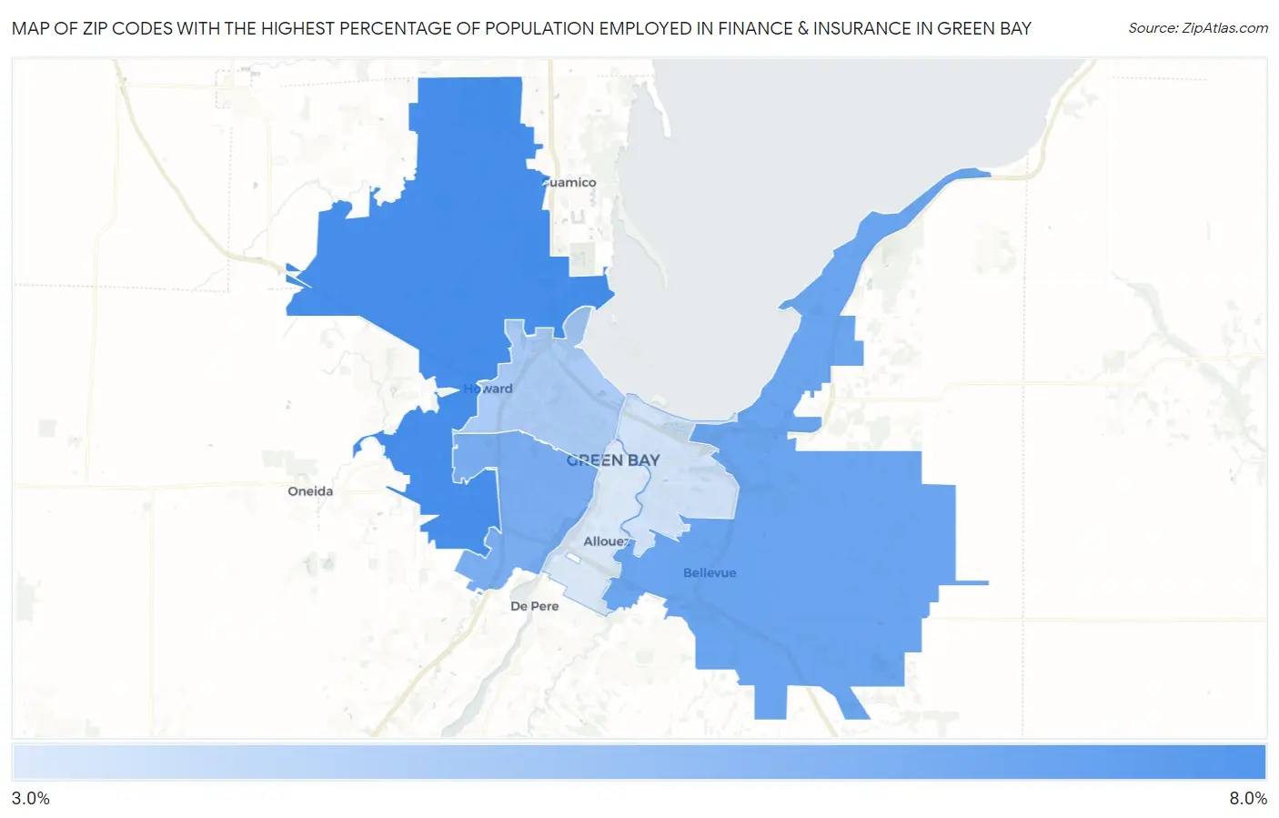 Zip Codes with the Highest Percentage of Population Employed in Finance & Insurance in Green Bay Map