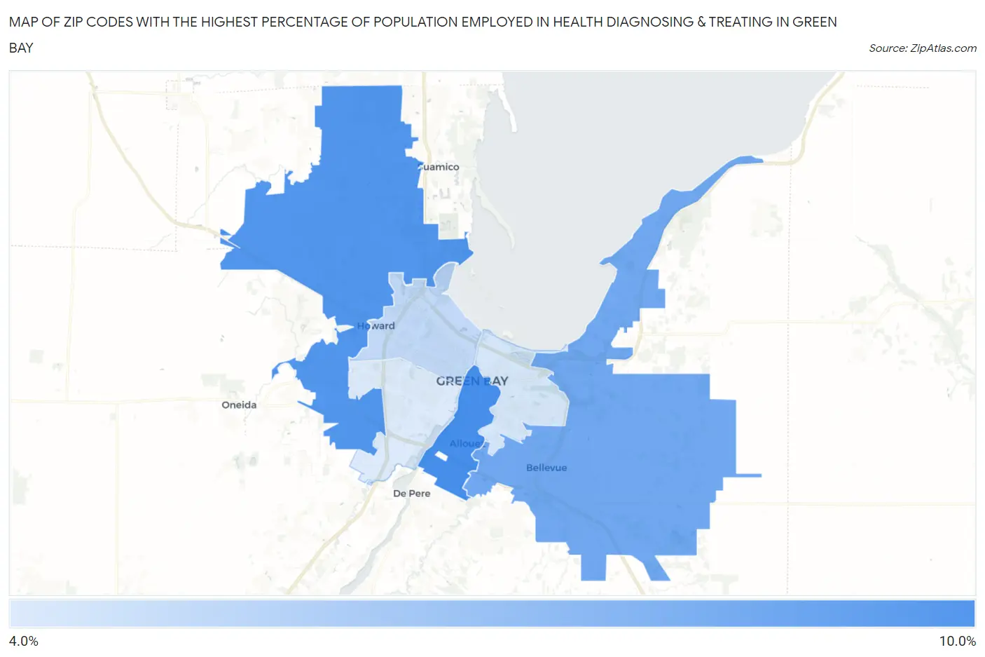 Zip Codes with the Highest Percentage of Population Employed in Health Diagnosing & Treating in Green Bay Map