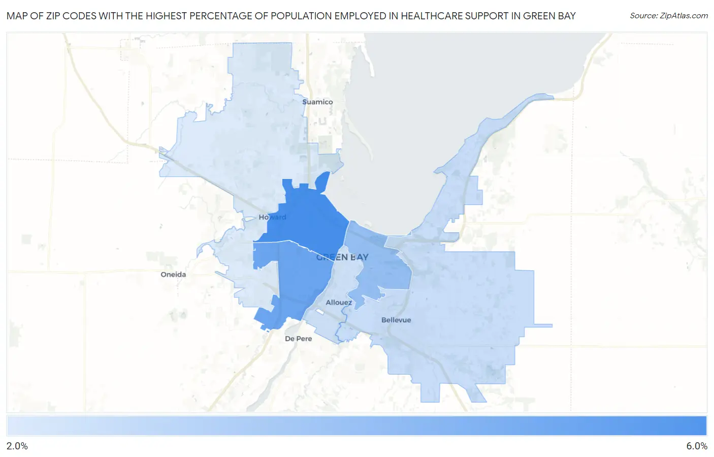 Zip Codes with the Highest Percentage of Population Employed in Healthcare Support in Green Bay Map