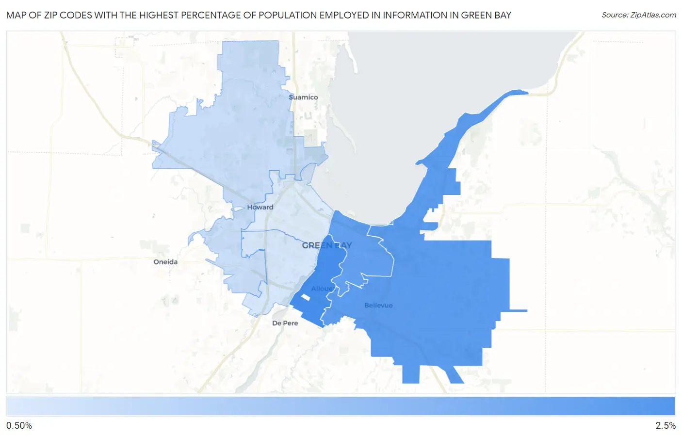 Zip Codes with the Highest Percentage of Population Employed in Information in Green Bay Map