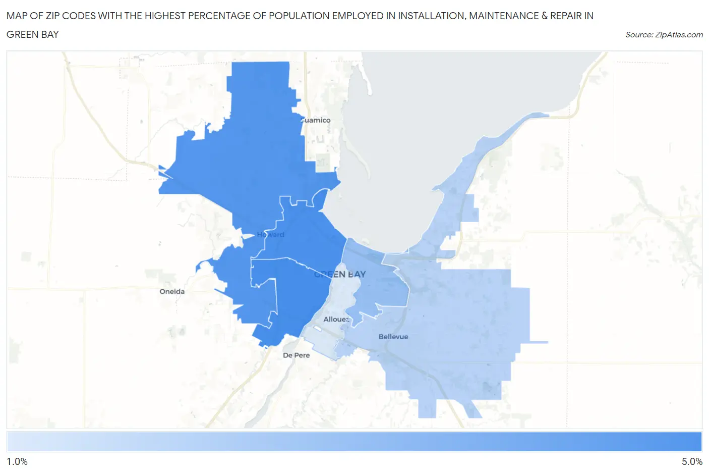 Zip Codes with the Highest Percentage of Population Employed in Installation, Maintenance & Repair in Green Bay Map