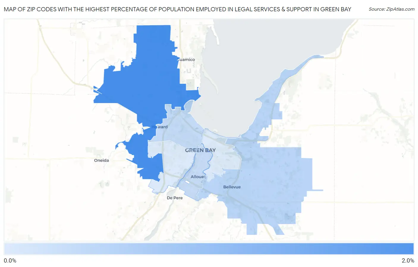 Zip Codes with the Highest Percentage of Population Employed in Legal Services & Support in Green Bay Map