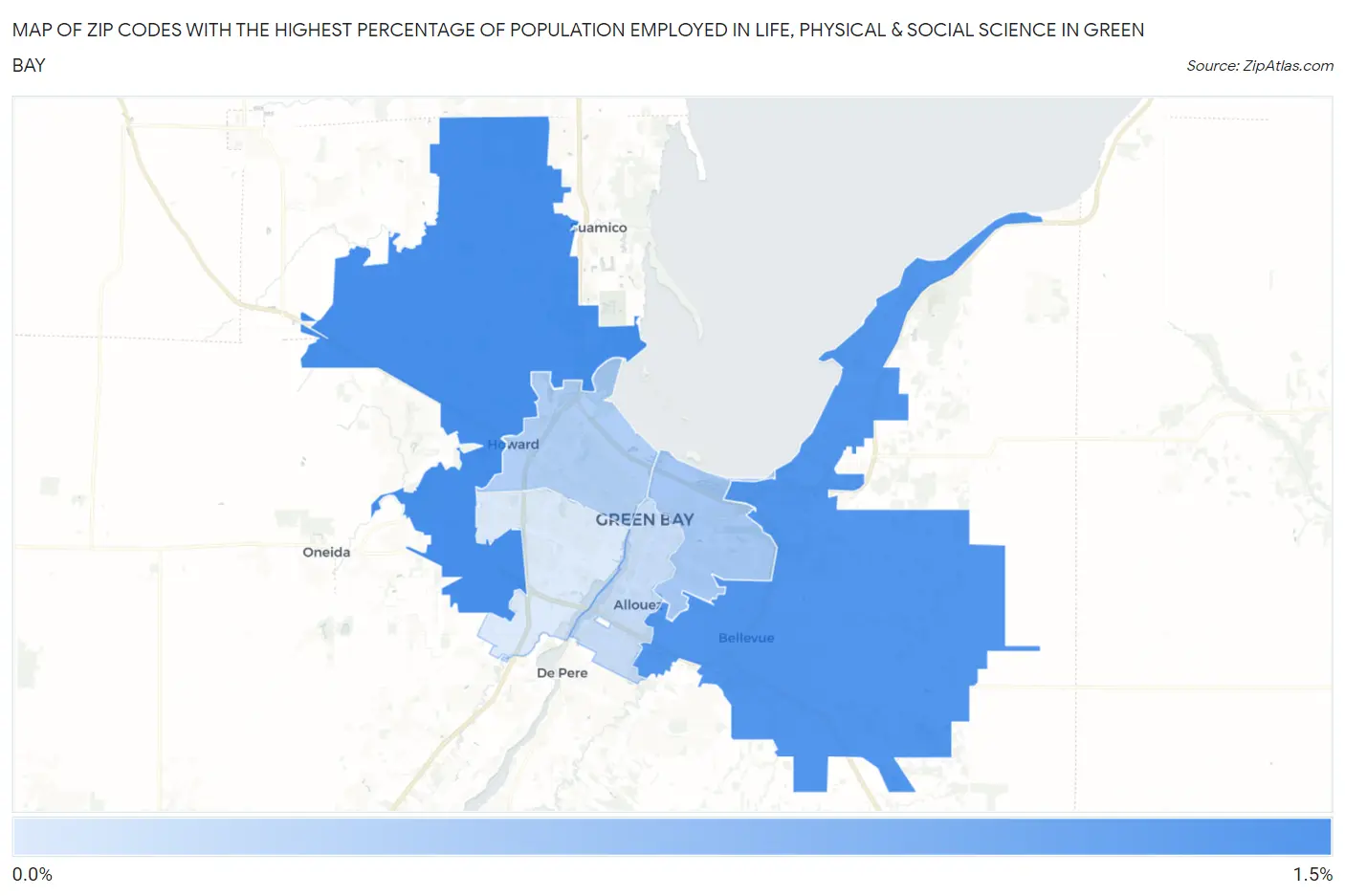 Zip Codes with the Highest Percentage of Population Employed in Life, Physical & Social Science in Green Bay Map