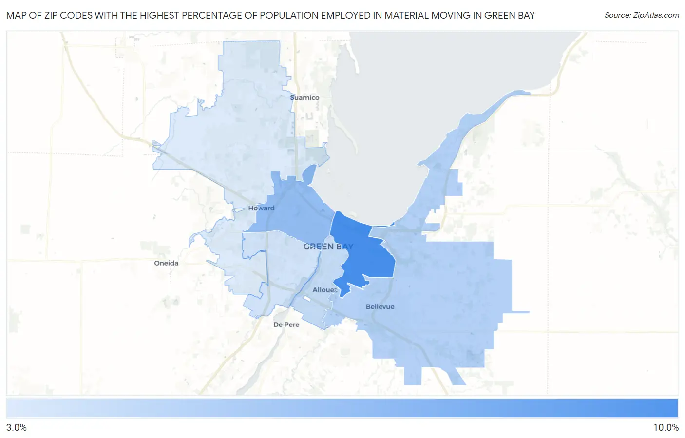 Zip Codes with the Highest Percentage of Population Employed in Material Moving in Green Bay Map