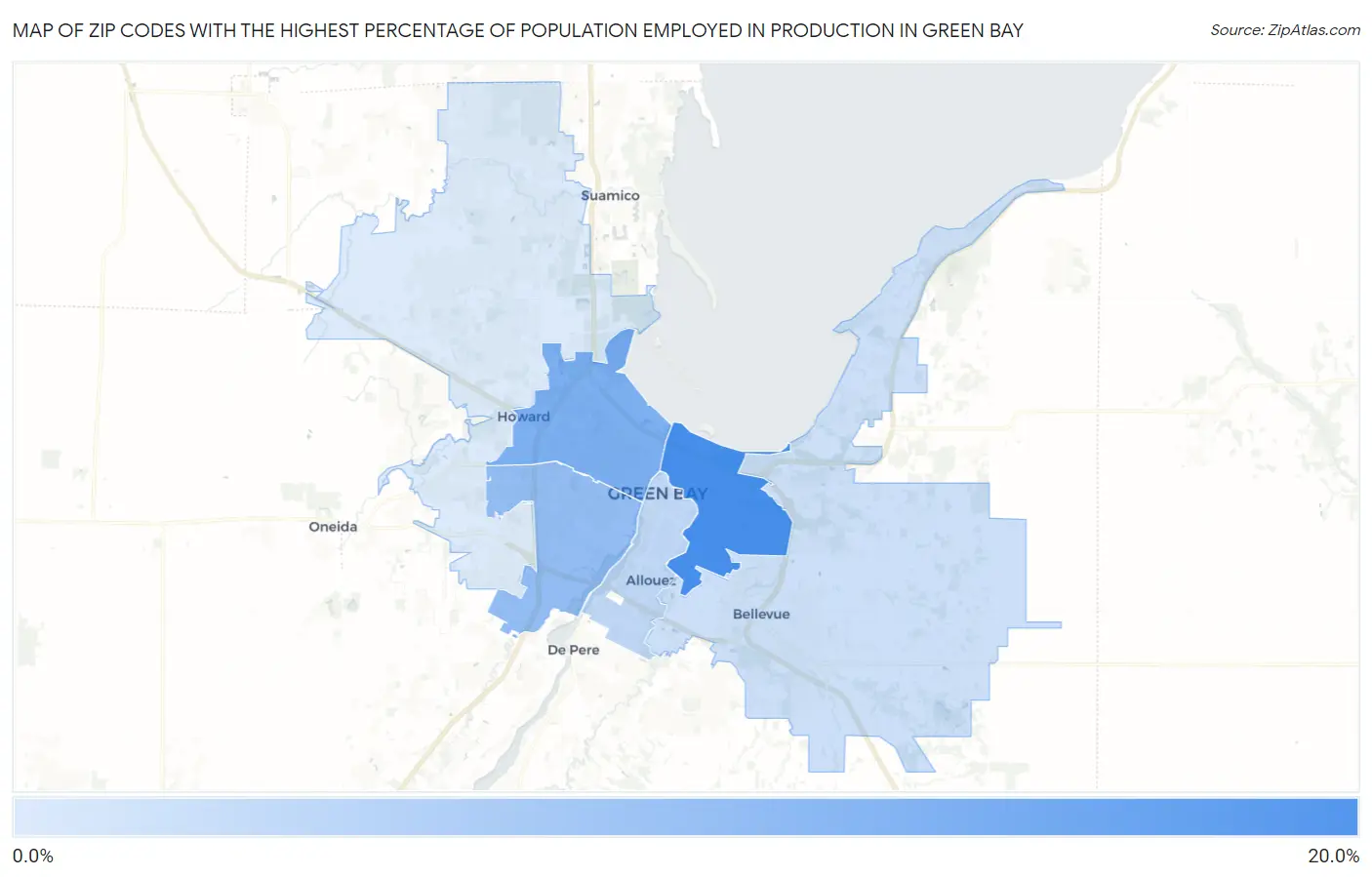 Zip Codes with the Highest Percentage of Population Employed in Production in Green Bay Map