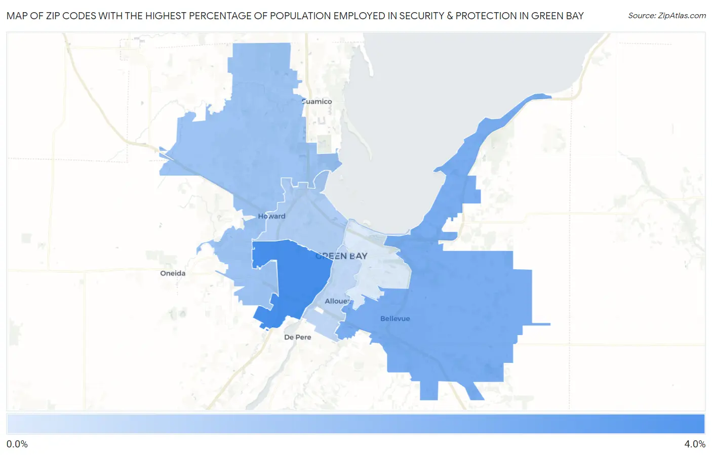 Zip Codes with the Highest Percentage of Population Employed in Security & Protection in Green Bay Map