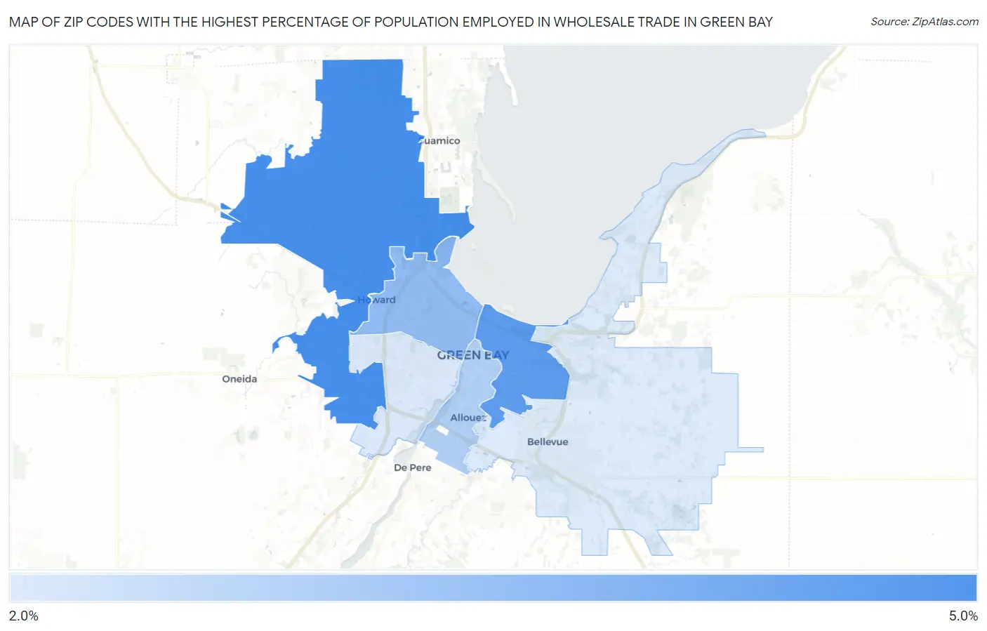 Zip Codes with the Highest Percentage of Population Employed in Wholesale Trade in Green Bay Map