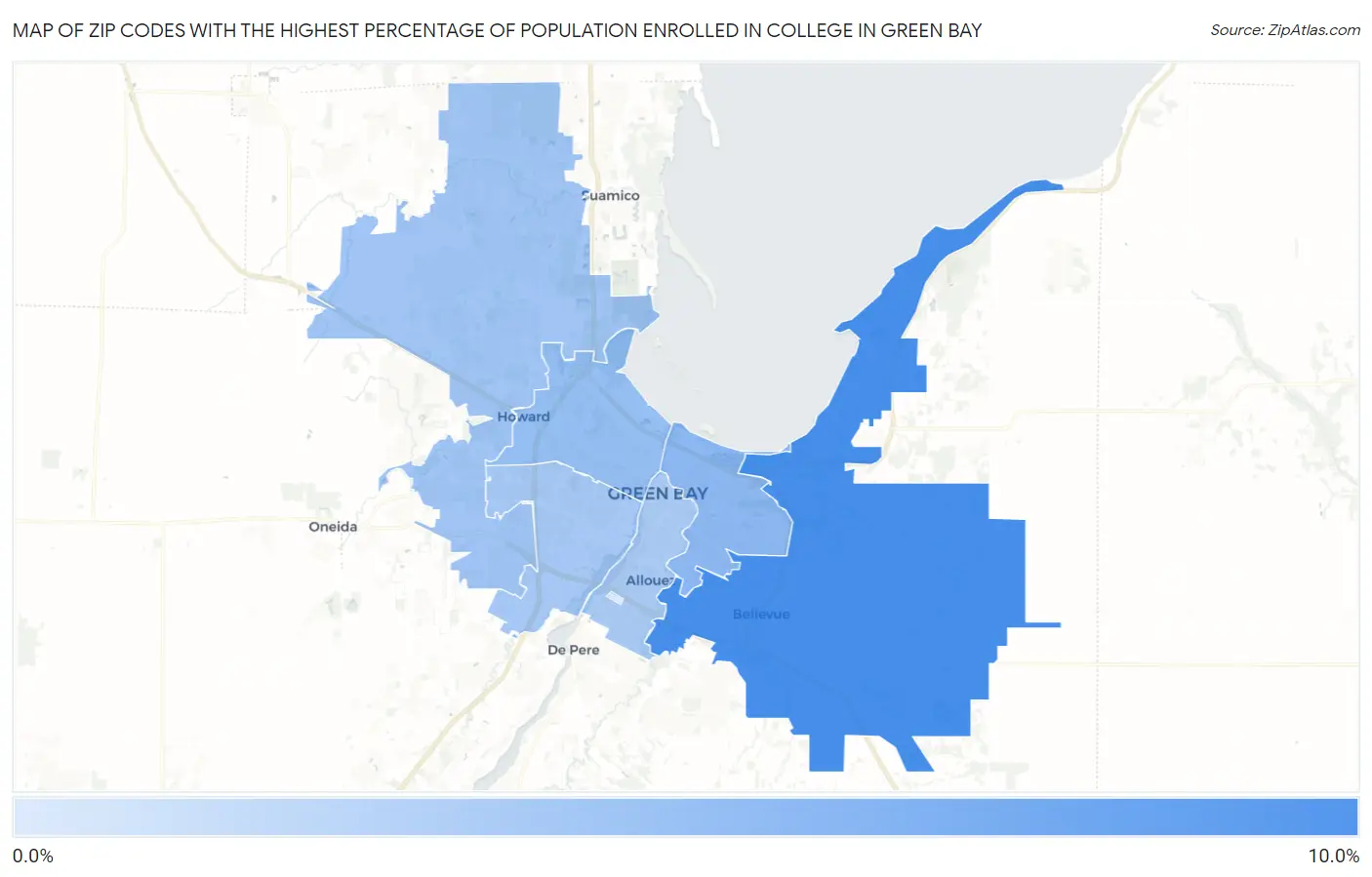 Zip Codes with the Highest Percentage of Population Enrolled in College in Green Bay Map