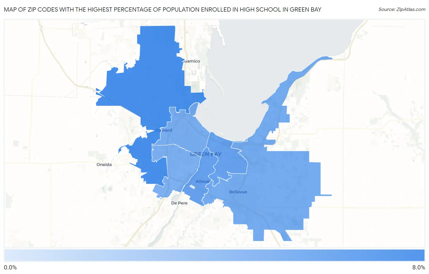 Zip Codes with the Highest Percentage of Population Enrolled in High School in Green Bay Map
