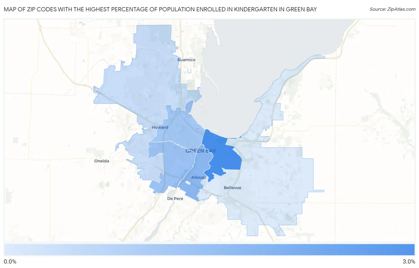 Zip Codes with the Highest Percentage of Population Enrolled in Kindergarten in Green Bay Map