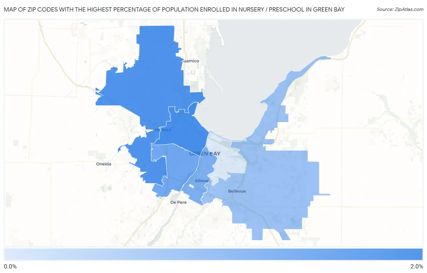Zip Codes with the Highest Percentage of Population Enrolled in Nursery / Preschool in Green Bay Map