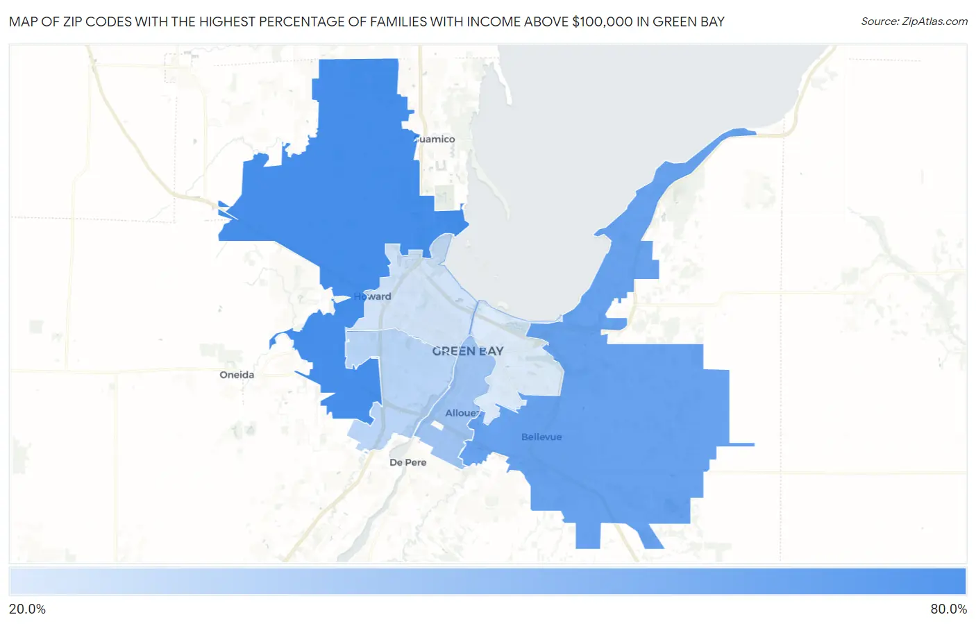 Zip Codes with the Highest Percentage of Families with Income Above $100,000 in Green Bay Map
