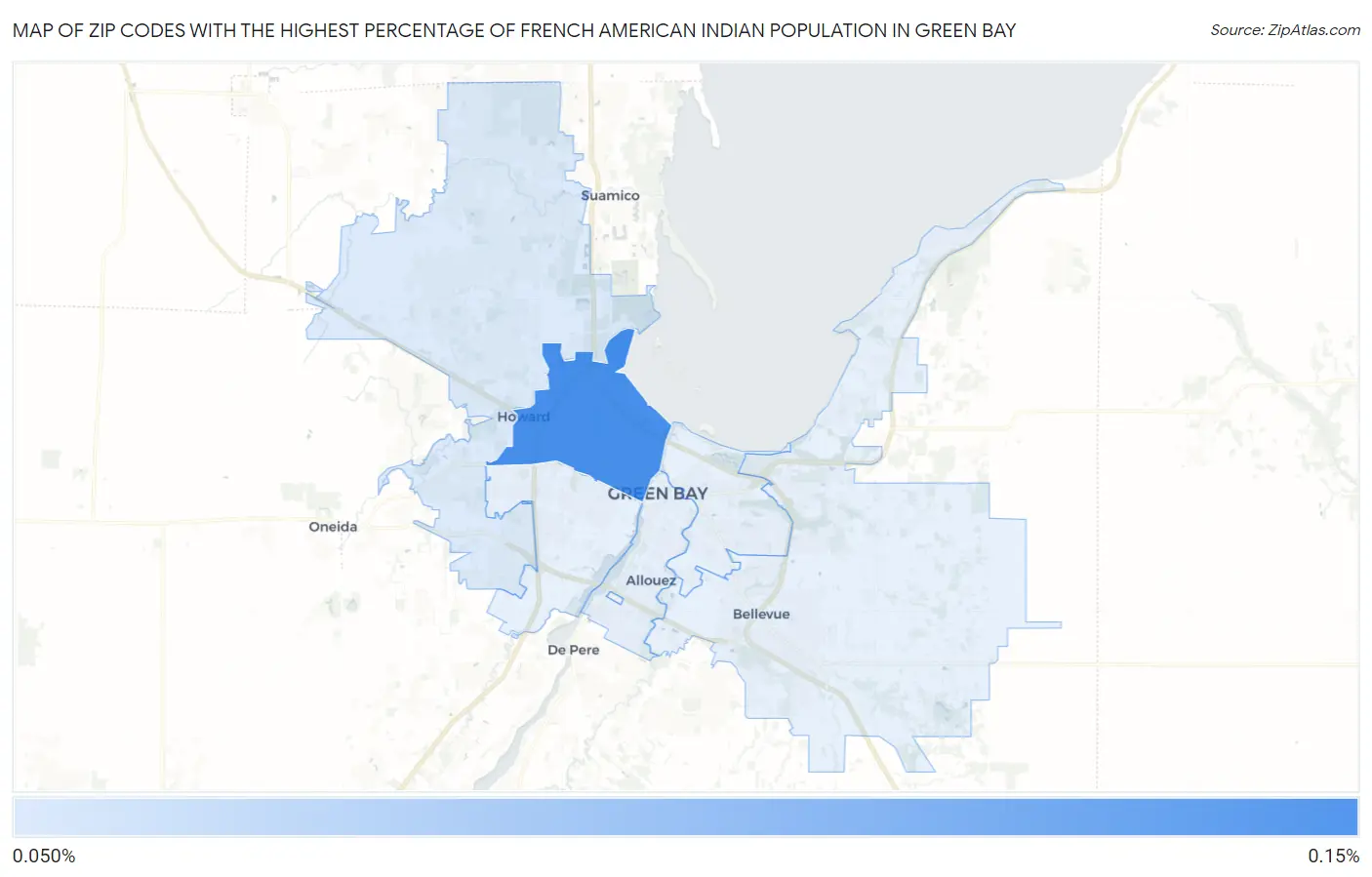 Zip Codes with the Highest Percentage of French American Indian Population in Green Bay Map