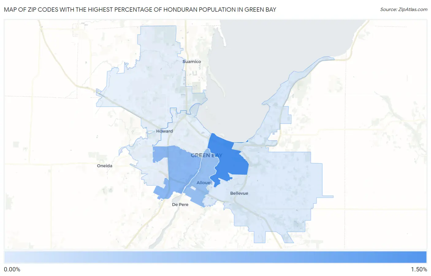 Zip Codes with the Highest Percentage of Honduran Population in Green Bay Map