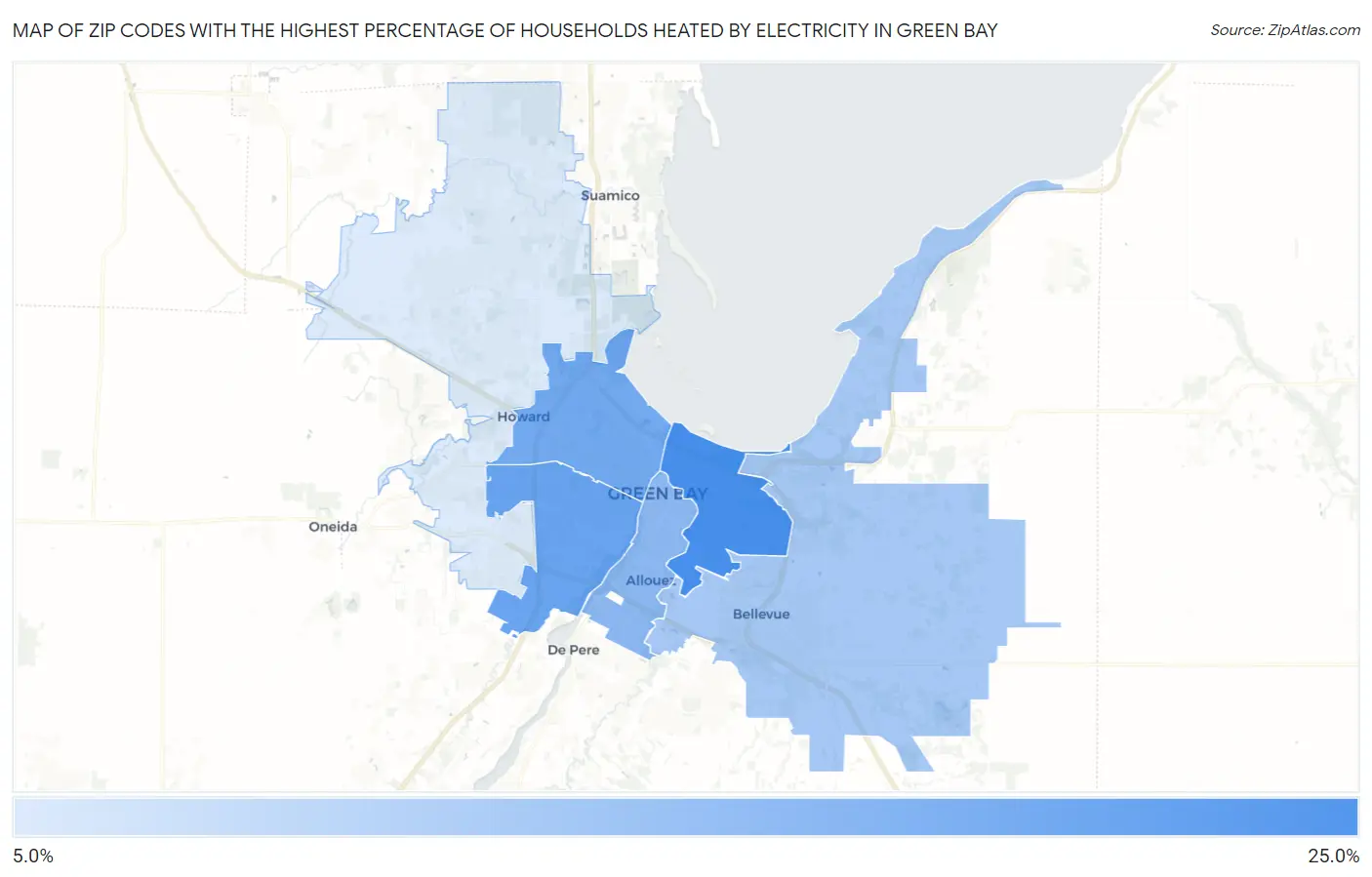 Zip Codes with the Highest Percentage of Households Heated by Electricity in Green Bay Map