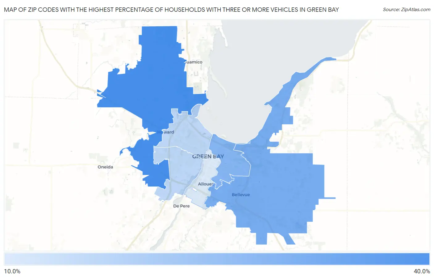 Zip Codes with the Highest Percentage of Households With Three or more Vehicles in Green Bay Map