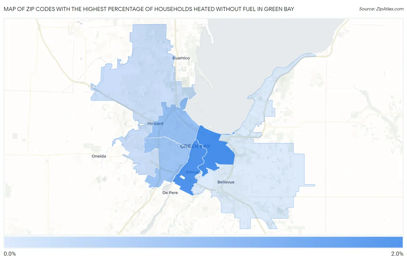 Zip Codes with the Highest Percentage of Households Heated without Fuel in Green Bay Map