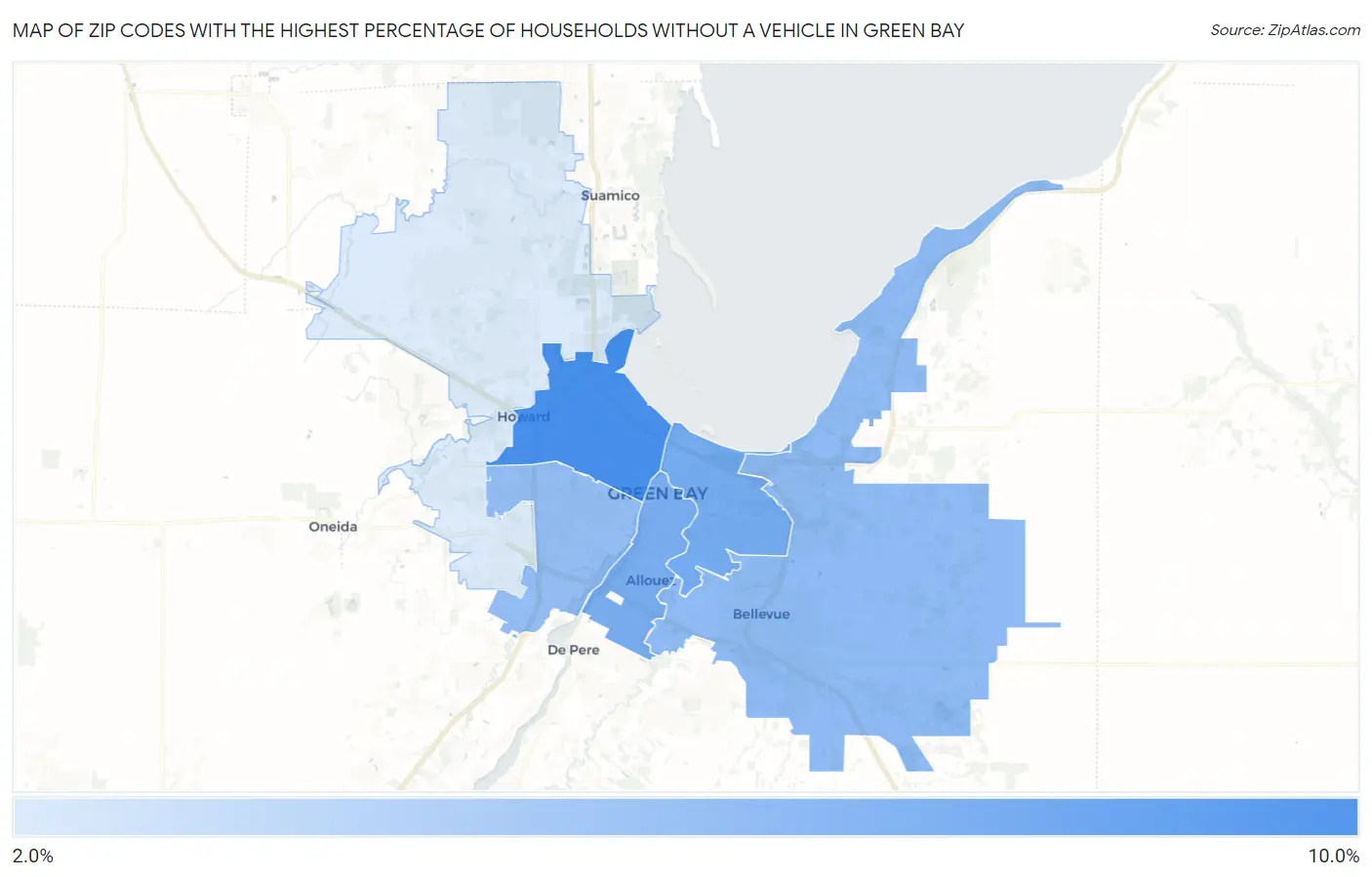 Zip Codes with the Highest Percentage of Households Without a Vehicle in Green Bay Map