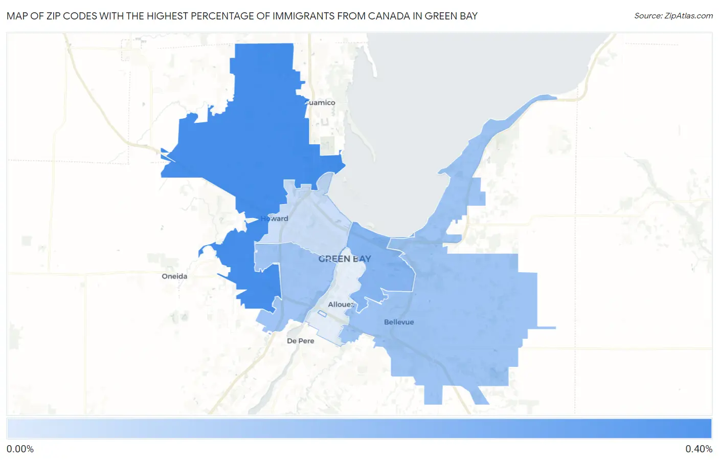 Zip Codes with the Highest Percentage of Immigrants from Canada in Green Bay Map