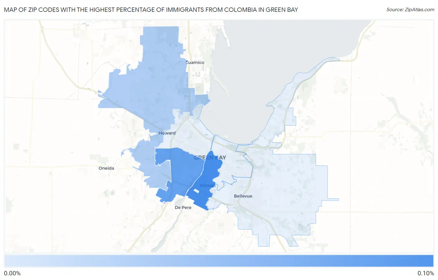 Zip Codes with the Highest Percentage of Immigrants from Colombia in Green Bay Map