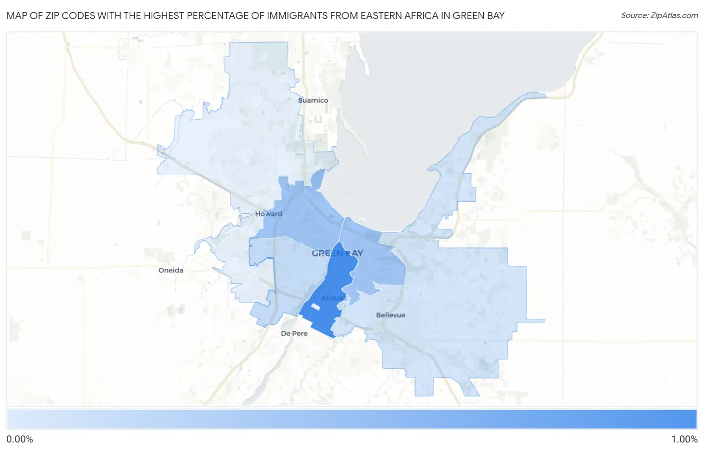 Zip Codes with the Highest Percentage of Immigrants from Eastern Africa in Green Bay Map