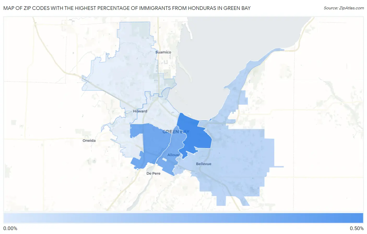 Zip Codes with the Highest Percentage of Immigrants from Honduras in Green Bay Map