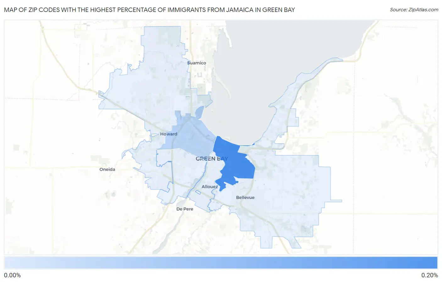 Zip Codes with the Highest Percentage of Immigrants from Jamaica in Green Bay Map