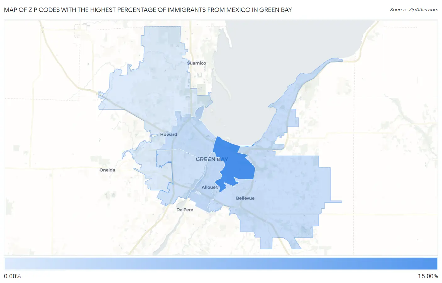 Zip Codes with the Highest Percentage of Immigrants from Mexico in Green Bay Map
