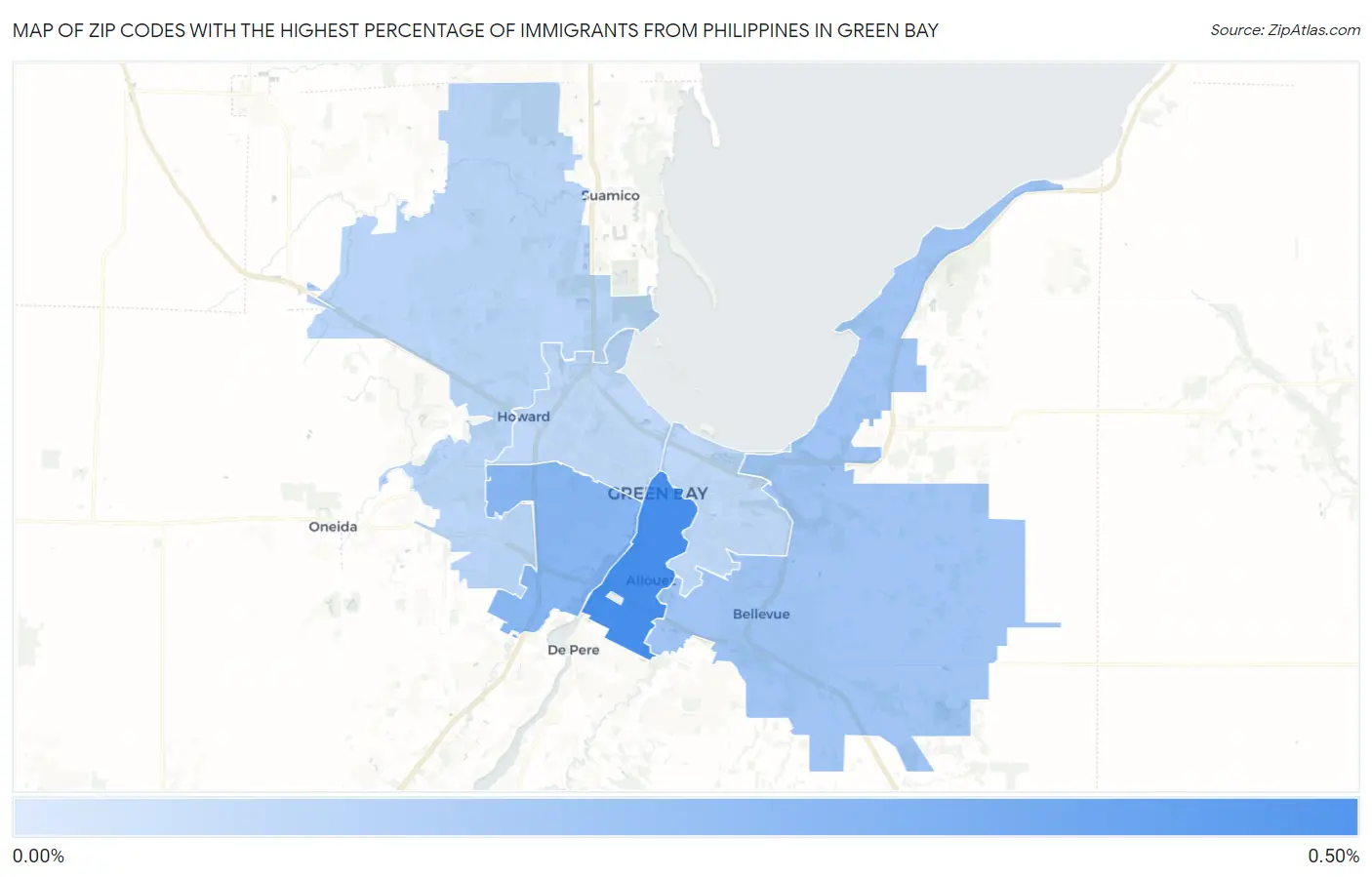 Zip Codes with the Highest Percentage of Immigrants from Philippines in Green Bay Map
