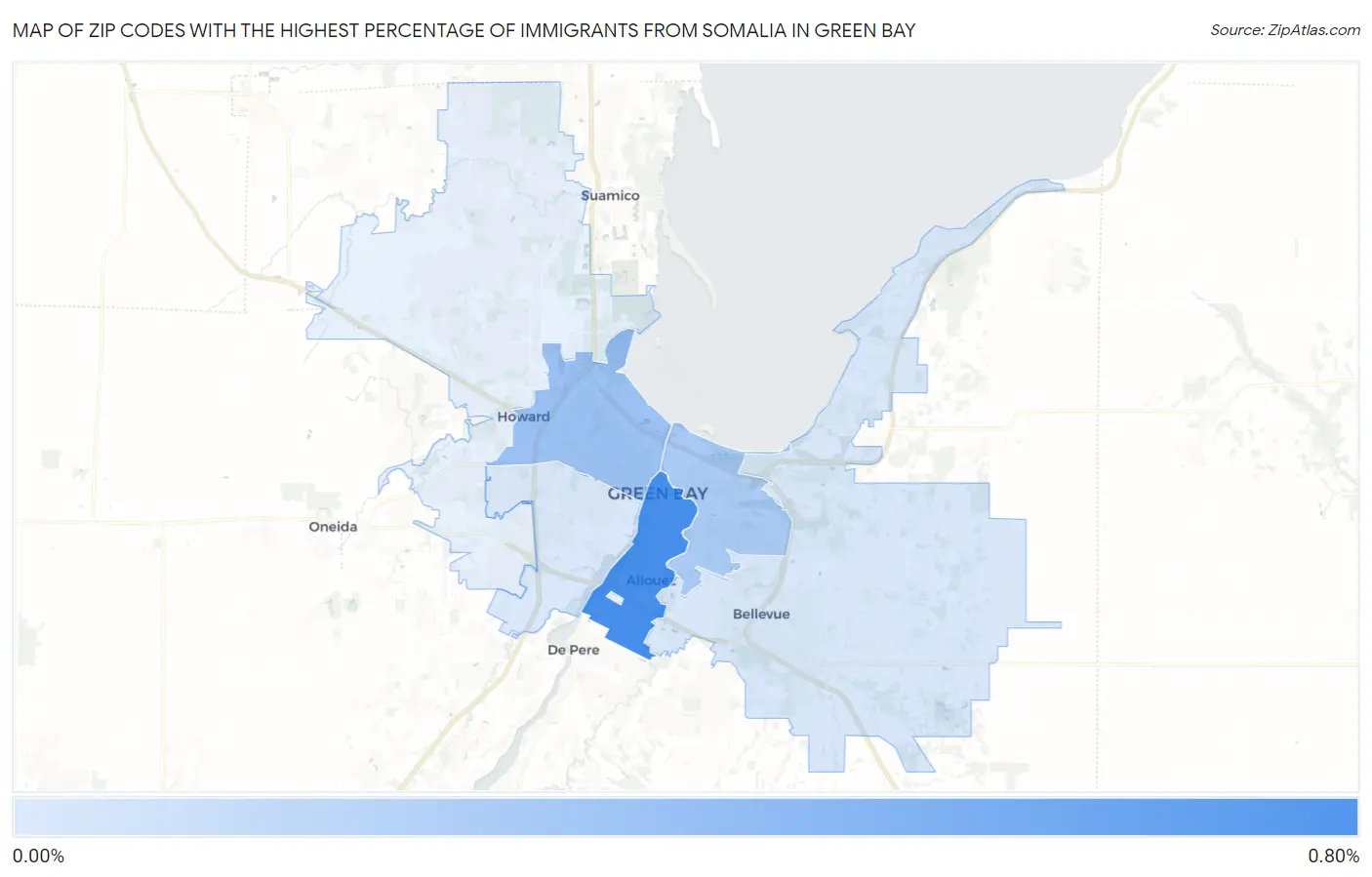Zip Codes with the Highest Percentage of Immigrants from Somalia in Green Bay Map