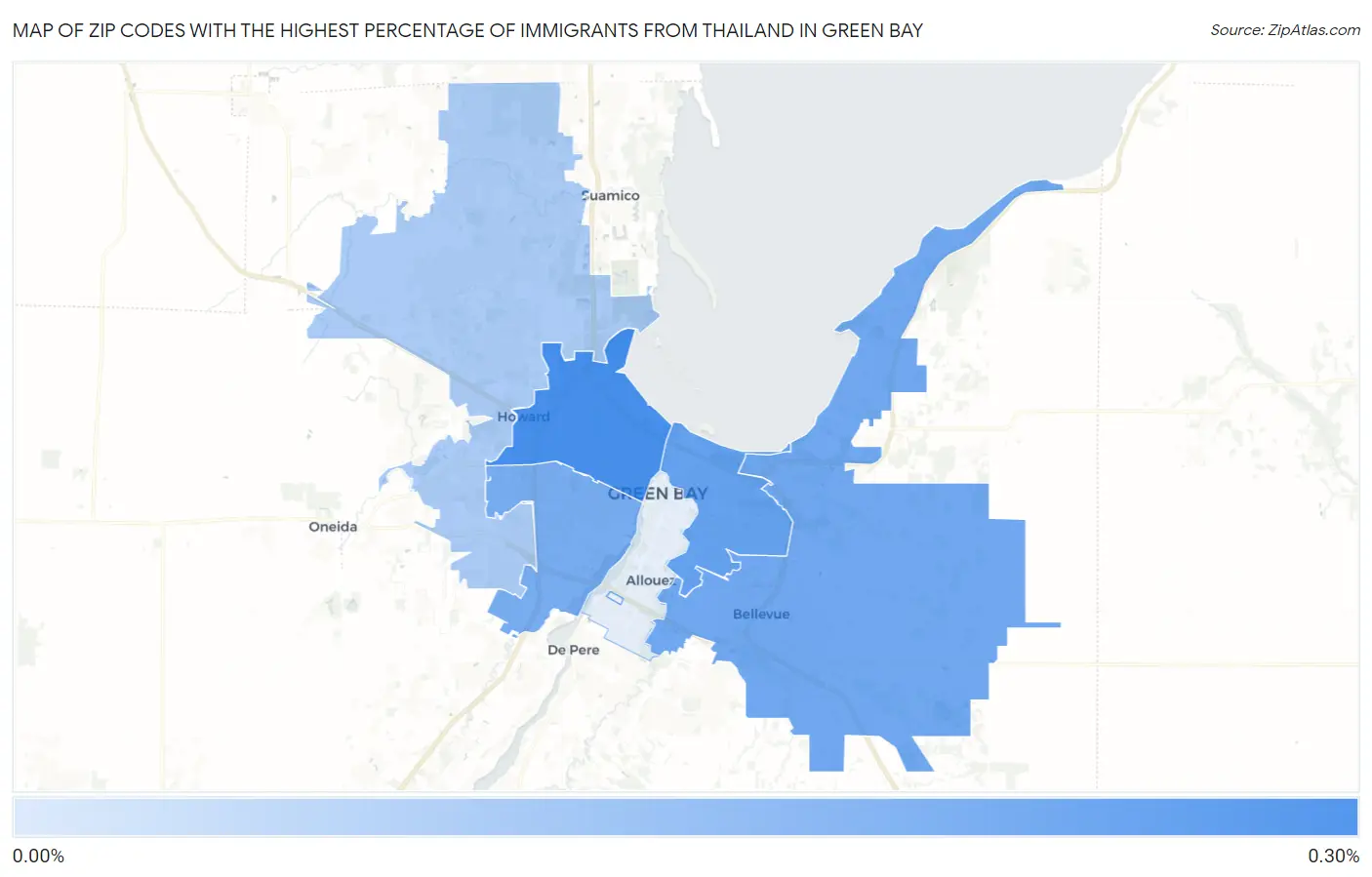 Zip Codes with the Highest Percentage of Immigrants from Thailand in Green Bay Map