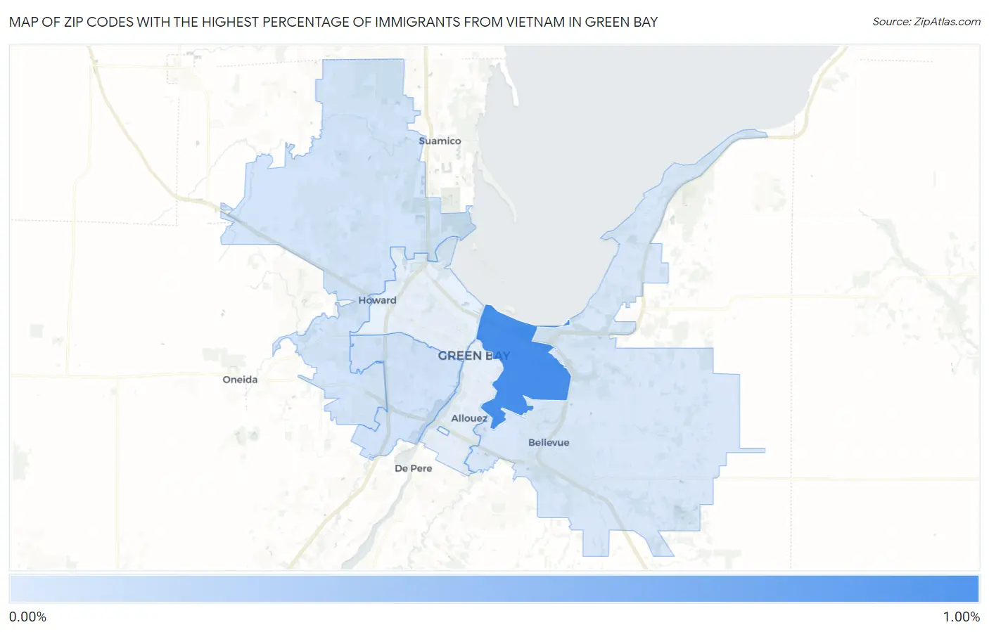 Zip Codes with the Highest Percentage of Immigrants from Vietnam in Green Bay Map