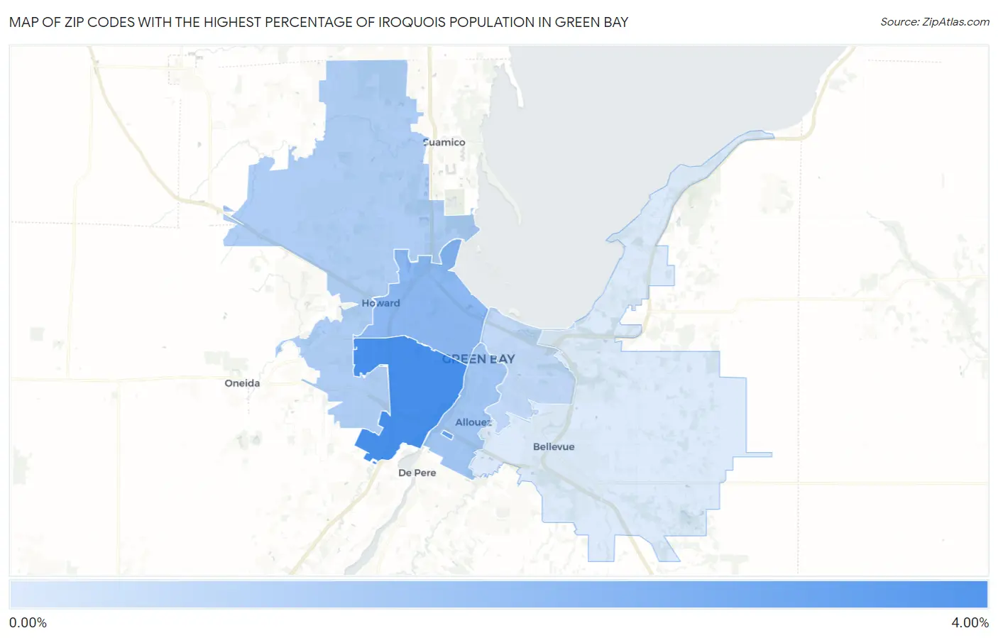 Zip Codes with the Highest Percentage of Iroquois Population in Green Bay Map