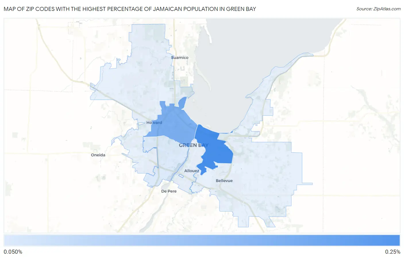 Zip Codes with the Highest Percentage of Jamaican Population in Green Bay Map